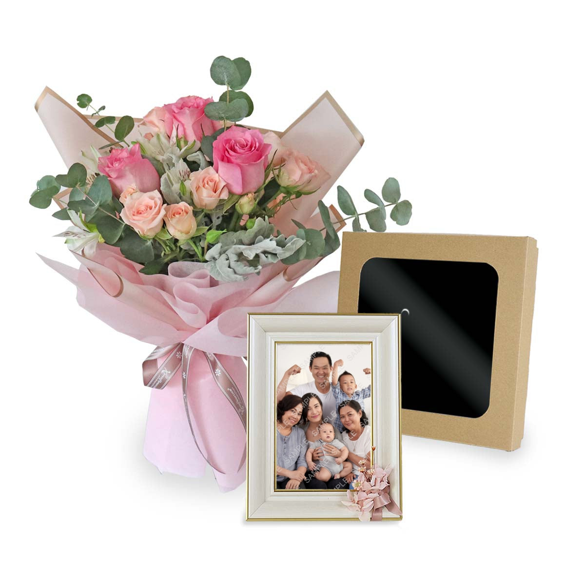 SBL2311 3 Pink Roses with 4R Preserved Flower Photo Frame