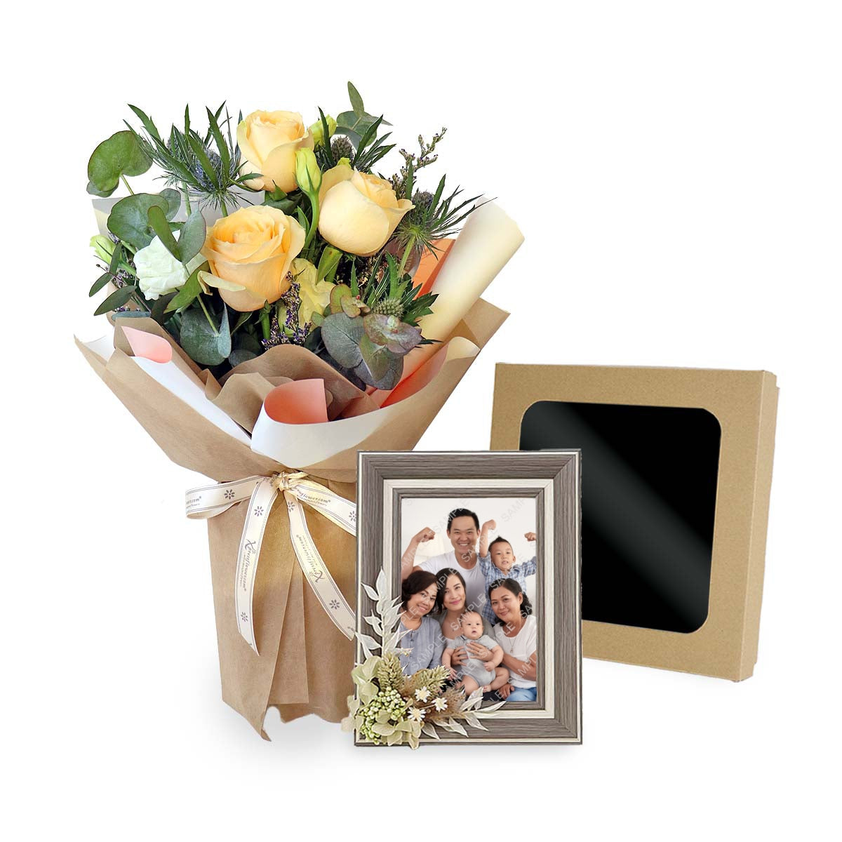 SBL2310 3 Champagne Roses with 4R Preserved Flower Photo Frame